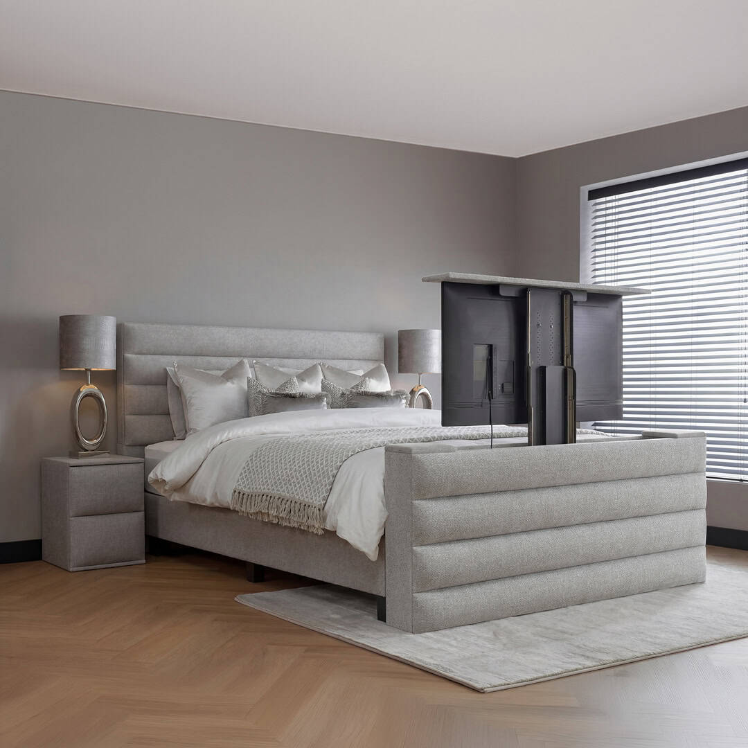 Boxspring Piso met TV-lift modern gestoffeerd bed met geïntegreerde televisie en strak luxe design voor slaapkamer