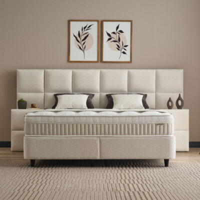 Conso bed met opbergruimte, modern en strak vormgegeven bed met geïntegreerde opbergruimte onder het matras, gestoffeerd in luxe stof en ideaal voor een opgeruimde slaapkamer.