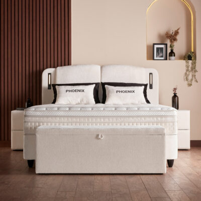 Opbergbed Phoenix in modern design met geïntegreerde opbergruimte, ideaal voor extra opslag in de slaapkamer